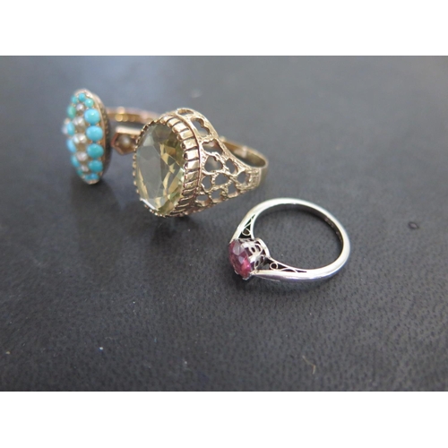 816 - Three 9ct gold rings, one yellow gold with turquoise and pearls size P/Q, one yellow gold with oval ... 