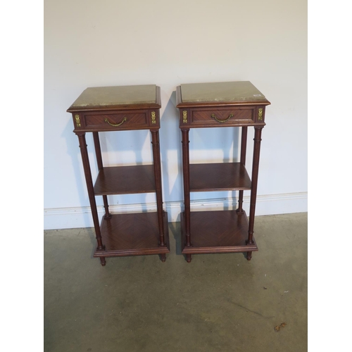 240 - A pair of walnut marble topped three tier stands with a frieze drawer and ormulu mounts 91cm tall, 4... 