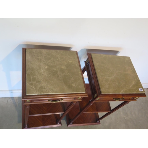 240 - A pair of walnut marble topped three tier stands with a frieze drawer and ormulu mounts 91cm tall, 4... 