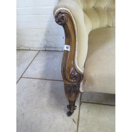 229 - A Victorian walnut button back chaise longue on carved shaped legs, 150cm long, 85cm tall