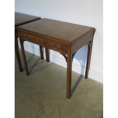 231 - A pair of walnut side tables each with a frieze drawer on square chamfered moulded legs, made by a l... 