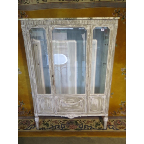 212 - A French dry scraped grey painted cabinet and marble top, top cracked, no internal shelves, 153cm ta... 