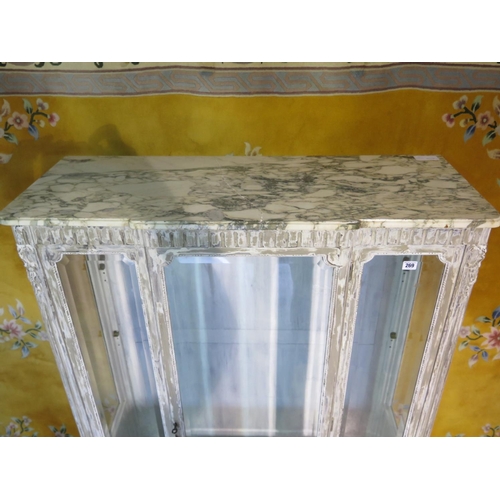 212 - A French dry scraped grey painted cabinet and marble top, top cracked, no internal shelves, 153cm ta... 