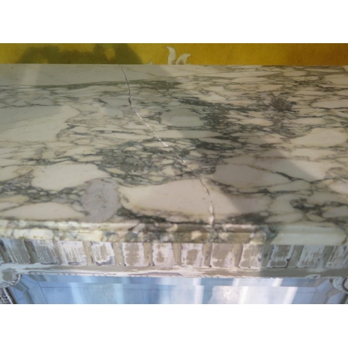 212 - A French dry scraped grey painted cabinet and marble top, top cracked, no internal shelves, 153cm ta... 