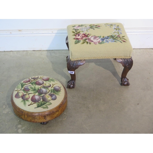 159 - A small walnut stool with acanthus carving on ball and claw feet 27cm H x 30cm x 35cm- and a Victori... 