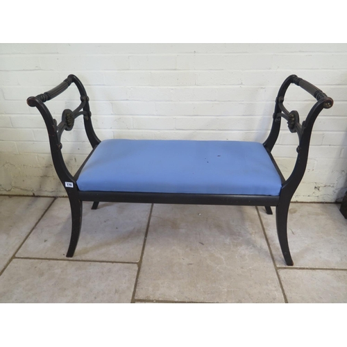 170 - A converted 19th Century ebonised wooden framed window seat with upholstered seat, wear to upholster... 