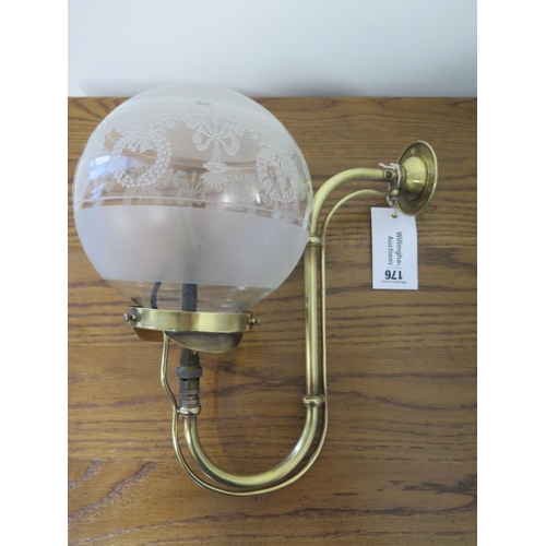 176 - An Edwardian converted brass gas-lamp and shade - tested and working - 36cm H, 32cm D