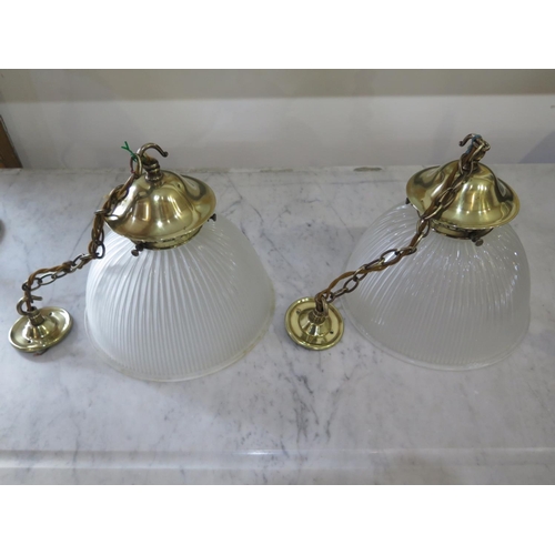 177 - A pair of early 20th Century holophane lights with original brass galleries and chains  - all items ... 