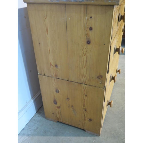 180 - A Victorian stripped pine two section chest with two short over three long drawers, in two parts for... 