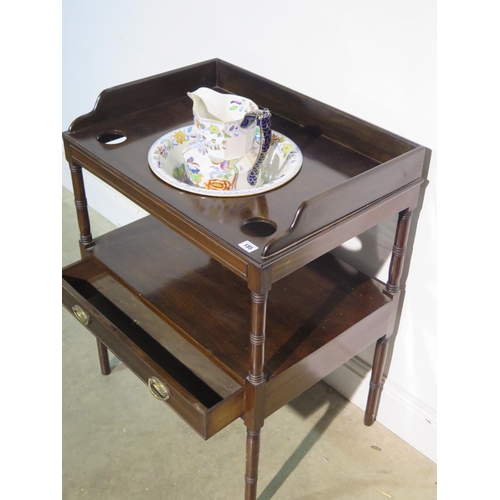 185 - A 19th Century mahogany wash stand with a Masons ironstone bowl and jug above base, drawer on ring t... 