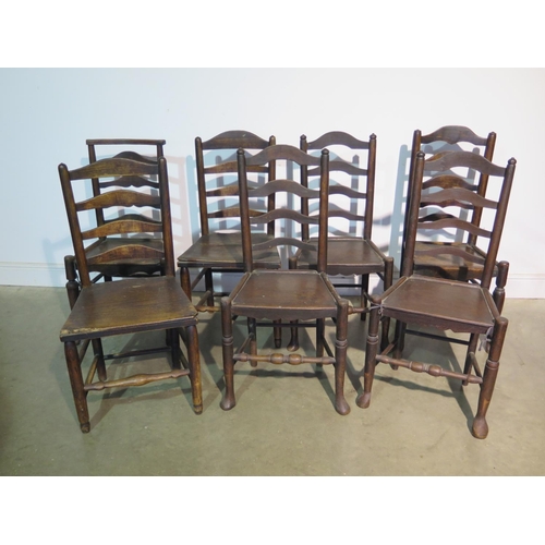 196 - Seven 19th Century ladder back chairs all with solid seats to include three matching, a pair and two... 