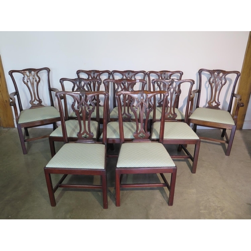 224 - A set of ten 19th Century mahogany dining chairs including two carvers with drop in seat pads with a... 