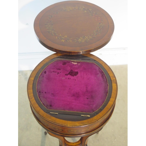 266 - A late Victorian/Edwardian decorated satin wood work box with a sliding top, enclosing a fitted inte... 