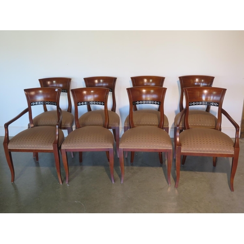 268 - A set of eight yew wood framed dining chairs with upholstered seats and a decorative band of ebonise... 