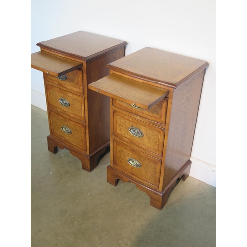 283 - A pair of burr oak bow fronted bedside chests with a slide above drawers on bracket feet, made by a ... 