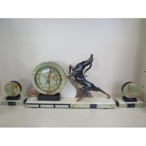 405 - An Art Deco marble mantle clock garniture set, clock 60cm long - in running order, good condition, m... 