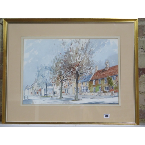 516 - A watercolour of the market square Higham Ferrers, dated 1979 - signed bottom left, frame size 59cm ... 