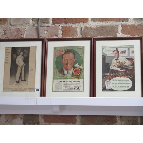 522 - Three framed advertisements Tyrone Power, Douglas Fairbanks and Bing Crosby, frame sizes 35cm x 28cm