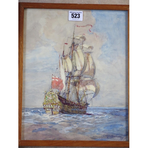 523 - Gregory Robinson 1876-1967 - Man of War ship at full sail watercolour, signed and dated 55, overall ... 