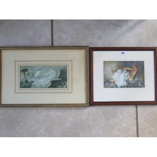 524 - Two Russell Flint colour prints, each depicting a reclining female nude, largest overall size 36cm x... 