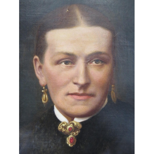 526 - A portrait of a Lady with androgynous, unsigned, oil on canvas, 59.5cm x 49.5cm overall, good furnis... 