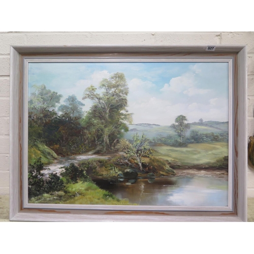 527 - Prudence Turner - oil on canvas, landscape of Turners Puddle Dorset, in a white washed frame, in goo... 