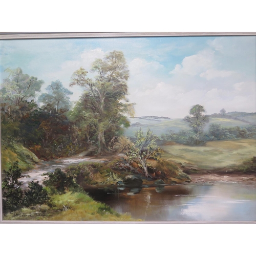 527 - Prudence Turner - oil on canvas, landscape of Turners Puddle Dorset, in a white washed frame, in goo... 