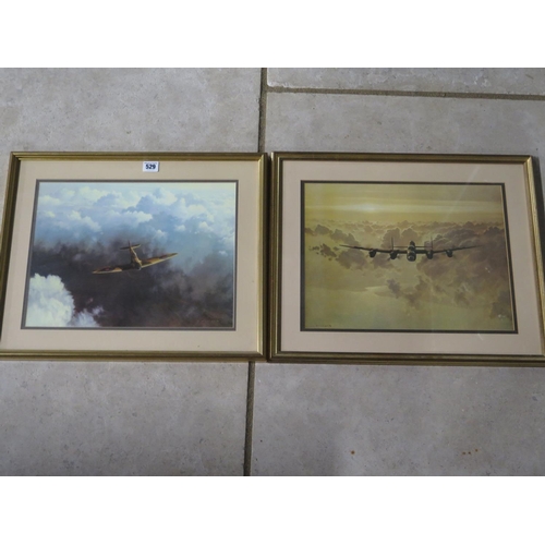 529 - Two colour prints of WWII aircraft, painted by Coulson, a Spitfire and a Lancaster bomber, approx 43... 