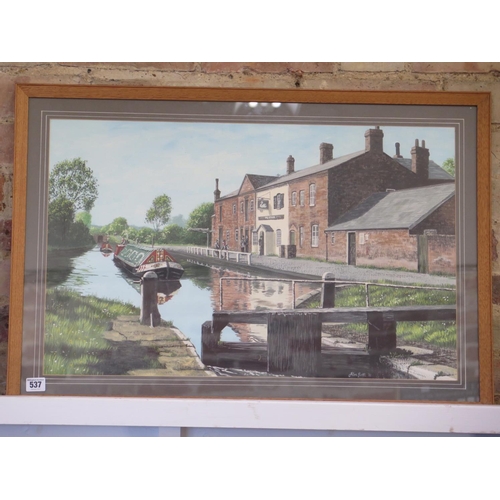 537 - Alan Firth watercolour - canal boats by The White Swan - frame size 55cm x 80cm - in good condition,... 