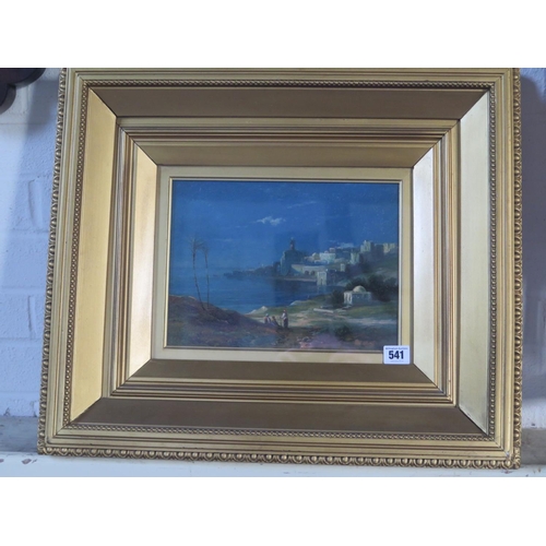 541 - An oil on board signed H Lynton of an Egyptian coast line with later inscription verso - Oriental sc... 