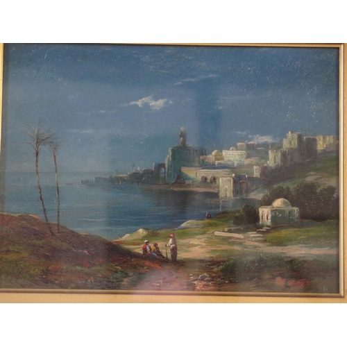 541 - An oil on board signed H Lynton of an Egyptian coast line with later inscription verso - Oriental sc... 