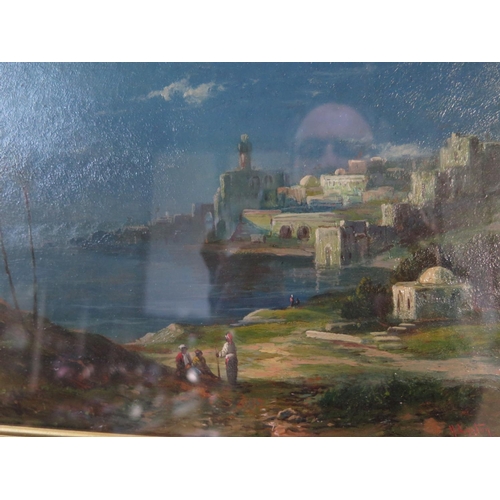 541 - An oil on board signed H Lynton of an Egyptian coast line with later inscription verso - Oriental sc... 