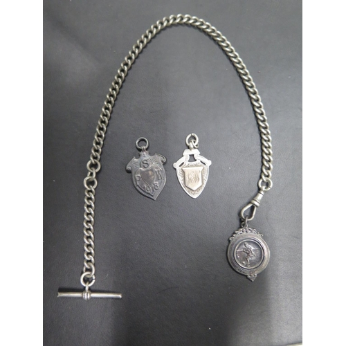 562 - A silver Albert watch chain with three silver chains 35cm long - total weight approx 1.8 troy oz