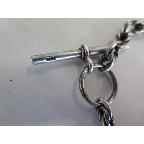 585 - A silver watch chain 36cm long, approx 1.4 troy oz, some usage wear but generally good