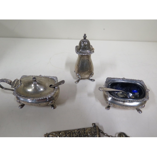 594 - Three Mappin and Webb silver condiments with associated silver salt spoons, approx 3.7 troy oz, toge... 