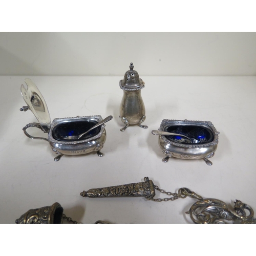 594 - Three Mappin and Webb silver condiments with associated silver salt spoons, approx 3.7 troy oz, toge... 