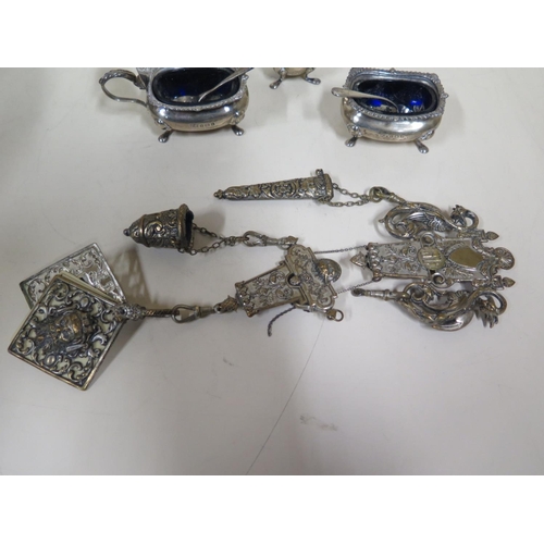 594 - Three Mappin and Webb silver condiments with associated silver salt spoons, approx 3.7 troy oz, toge... 