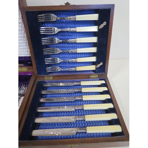 609 - A canteen of plated fish knives and forks, with mother of pearl handles, six setting and a canteen o... 