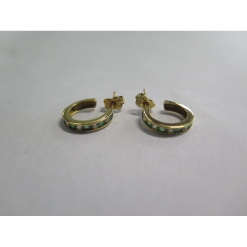 684 - A pair of 18ct emerald and diamond set hoop earrings, approx 3 grams, 1.5cm wide, minor usage genera... 