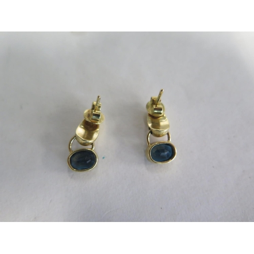 690 - A pair of 18ct drop earrings set with blue topaz stones, 20mm long, approx 5.7 grams, in good condit... 