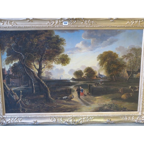 528 - A 19th Century Dutch landscape depicting the outskirts of a town, with two figures in conversation i... 