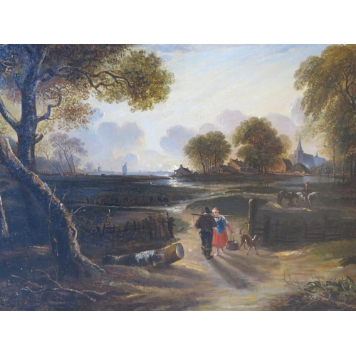 528 - A 19th Century Dutch landscape depicting the outskirts of a town, with two figures in conversation i... 