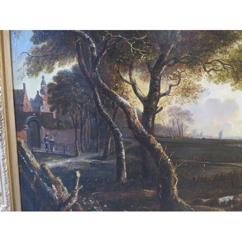 528 - A 19th Century Dutch landscape depicting the outskirts of a town, with two figures in conversation i... 