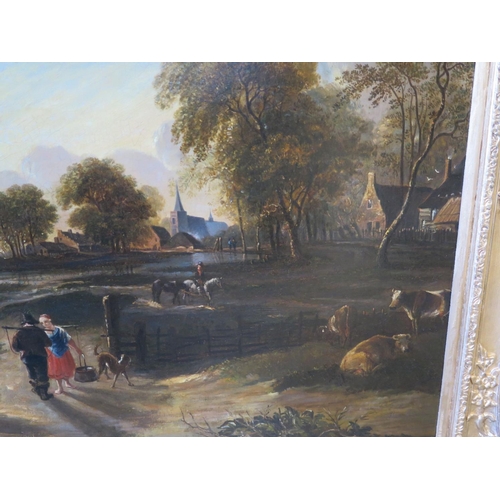 528 - A 19th Century Dutch landscape depicting the outskirts of a town, with two figures in conversation i... 