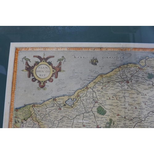 545 - A 17th century engraved map of Flanders by G Mercator, old colouring, mounted and framed, 52x63cm ov... 