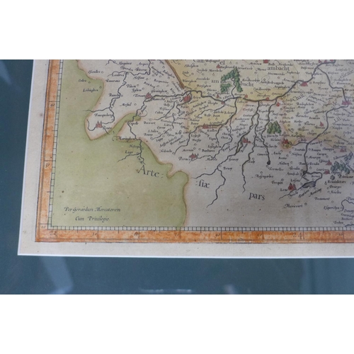 545 - A 17th century engraved map of Flanders by G Mercator, old colouring, mounted and framed, 52x63cm ov... 