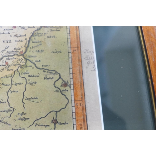 545 - A 17th century engraved map of Flanders by G Mercator, old colouring, mounted and framed, 52x63cm ov... 