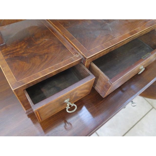 147 - A Georgian mahogany breakfront three drawer toilet mirror, 67cm tall x 67cm wide x 24cm deep