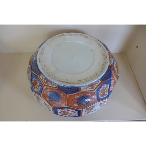 1245 - A large Imari faceted bowl, 19cm tall x 38cm wide, some wear to gilt but no obvious damage