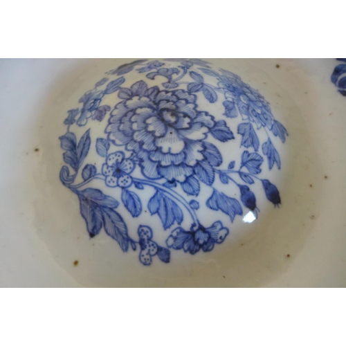 1243 - A Chinese 18th century blue and white dish with a raised central boss, decorated with flowers of the... 